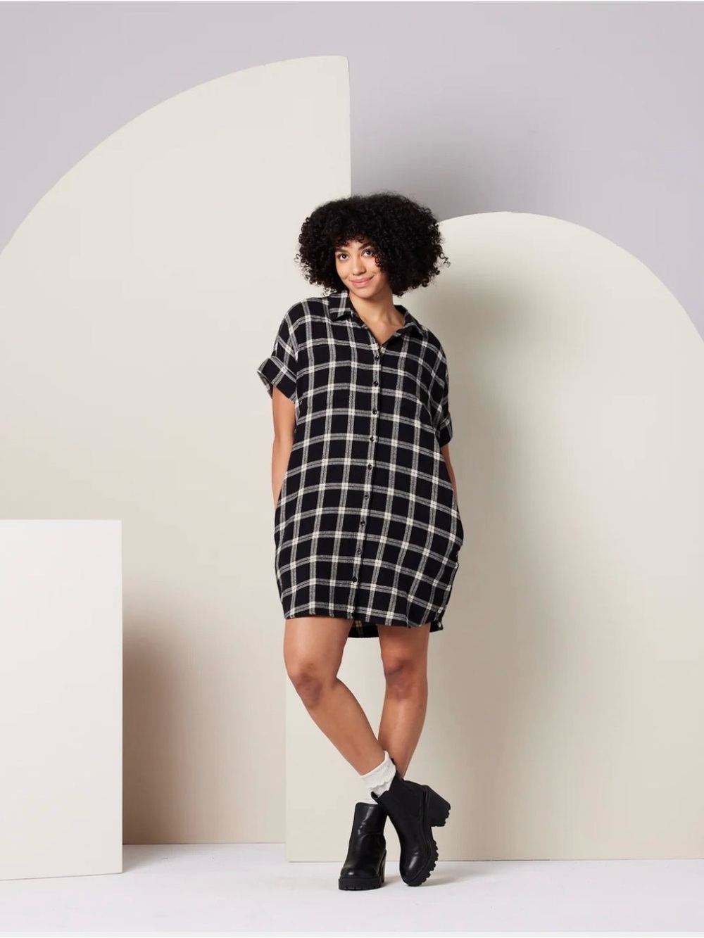 Known Supply Black & Taupe Plaid Shirt Dress Amaris